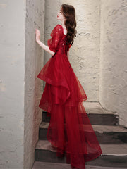 Wine Red High low Short Sleeves Homecoming Dress, Wine Red Short Prom Dress Formal Dress