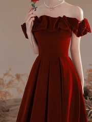 Off Shoulder Simple Velvet Long Evening Dress Prom Dress, Dark Red Formal Dresses