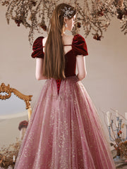 Burgundy A-Line Tulle Velvet Long Prom Dress, Burgundy Formal Evening Dress