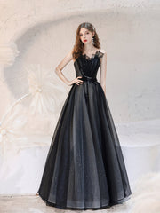 Black A-Line Tulle Long Prom Dress, Black Formal Evening Dresses