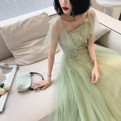 Light Green Tulle with Lace Short Sleeves Long Party Dress, A-line Tulle Evening Dress Prom Dress