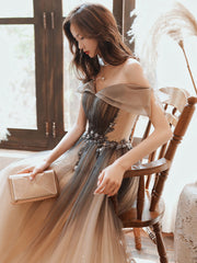 A Line Brown Long Prom Dresses, Off Shoulder Brown Formal Graduation Dresses