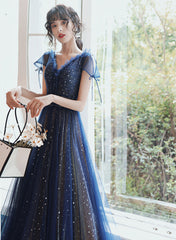 Navy Blue A-line Short Sleeves V-neckline Party Dress, Navy Blue Prom Dress