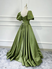 Green A line satin long prom dress, green formal evening dress