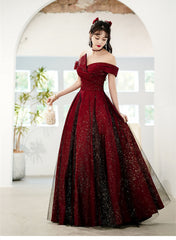 Wine Red and Black Off Shoulder Satin Party Dress, Red and Black Long Evening Dress