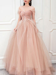 Pink sweetheart neck tulle long prom dress, pink tulle formal dress