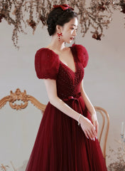 Wine Red Beaded Short Sleeves Tulle Party Dress, Wine Red A-line Long Prom Dress