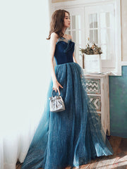 Aline Tulle Velvet Blue Long Prom Dress, Sweetheart Neck Blue Graduation Dress