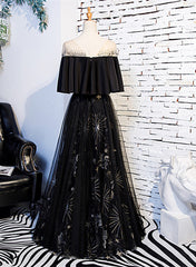 Black Tulle Beaded Long Party Dress, A-line Black Formal Dress Prom Dress