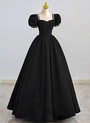 Black Sweetheart Short Sleeves Beaded Party Dress, A-line Black Satin Prom Dress