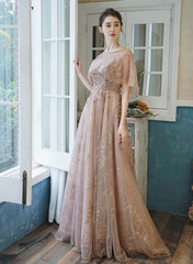 Dark Pink Tulle with Lace Applique Long Party Dress, Pink Tulle A-line Prom Dress