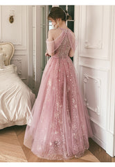 Pink Tulle A-line Long Formal Dresses, Pink High Neckline Party Dresses Prom Dresses