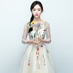 Light Champagne Tea Length Floral Lace Formal Dress Bridesmaid Dress, Cute Short Party Dresses