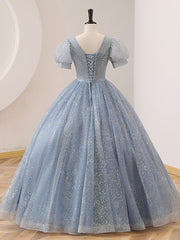 Gray Blue Tulle Lace sequin Long Prom Dress, Blue Formal Sweet 16 Dress