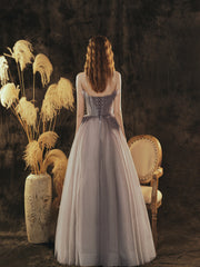 Grey Gradient Tulle Beaded A-line Lace-up Party Dress, Grey Long Prom Dress
