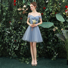 Lovely Grey Short Sweetheart Beaded Prom Dress, Off Shoulder Grey Homecoming Dress