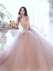 A Line Off Shoulder Pink Long Prom Dress, Pink Graduation Dress with Beading Lace