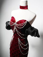 Mermaid Sweetheart Neck Velvet Burgundy Long Prom Dress, Burgundy Long Evening Dress