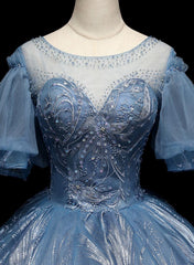 Blue Ball Gown Short Sleeves Tulle Long Party Dress, Blue Tulle Prom Dress