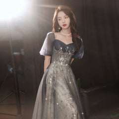 Elegant A-line  Grey Tulle Short Sleeves Long Party Dress, Grey Evening Dress