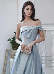 Blue Satin Long Prom Dress with Bow, A-line Blue Satin Party Dress