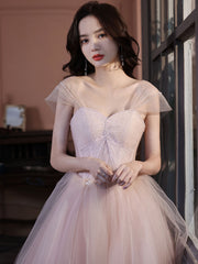 A Line Off Shoulder Pink Long Prom Dress, Pink Graduation Dress with Beading Lace