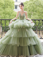Green v neck tulle long prom dress, green tulle formal evening dress
