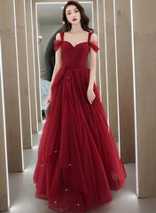 Wine Red Tulle Straps Sweetheart Long Party Dress, Wine Red A-line Prom Dress
