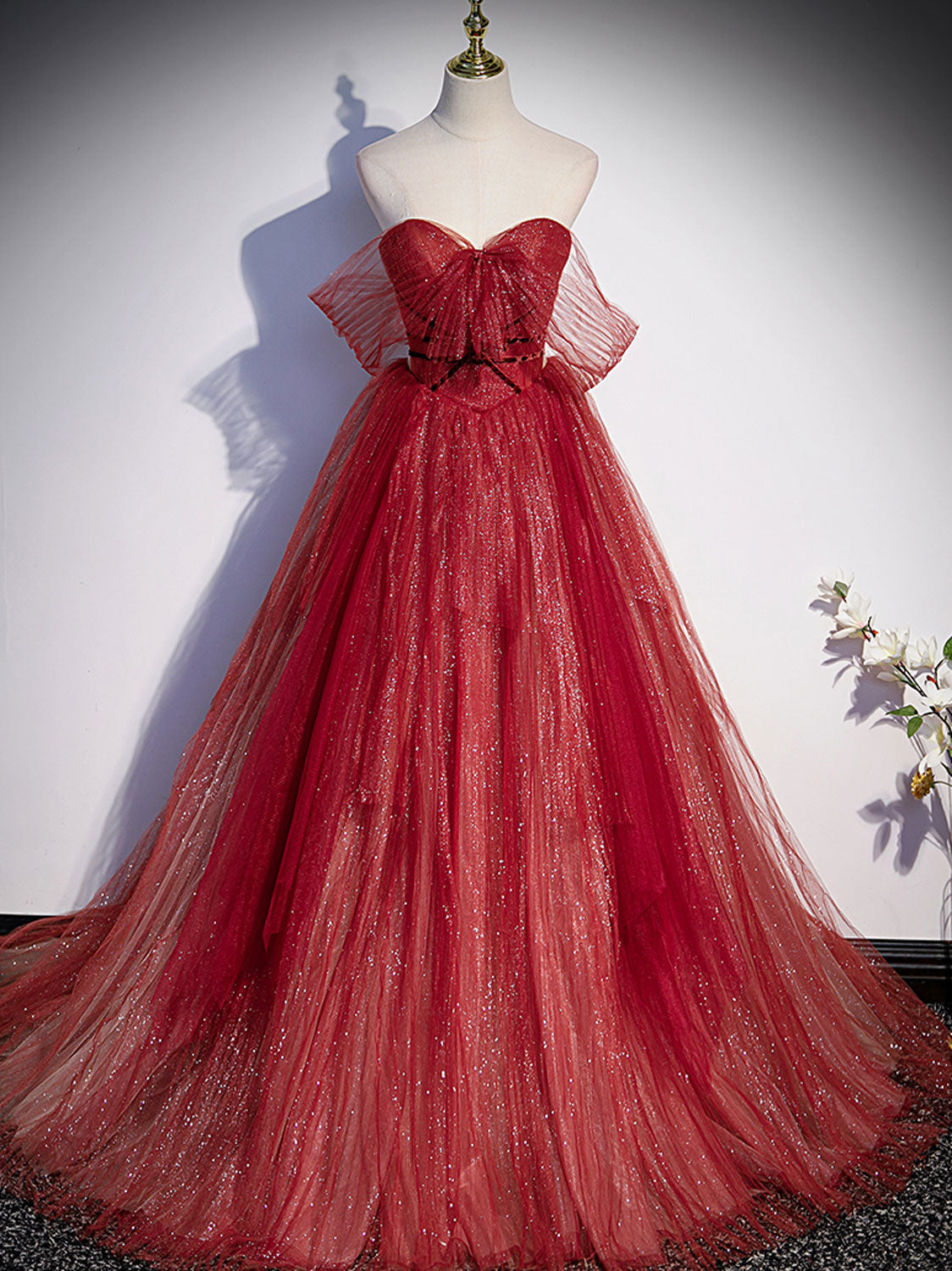 Burgundy A line off shoulder long prom dress burgundy evening dress
