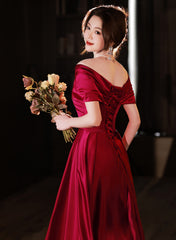 Wine Red Satin A-line Off Shoulder Long Party Dress, Wine Red Simple Prom Dress