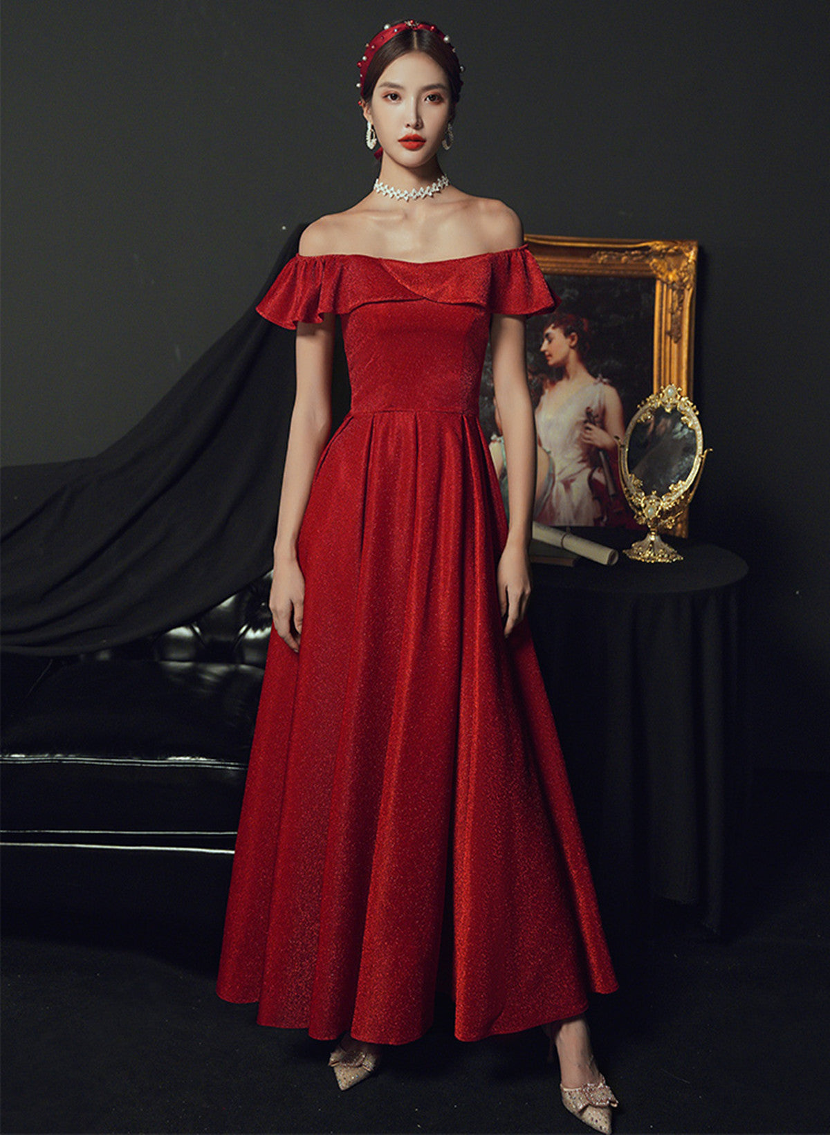 Red Off Shoulder A-line Long Party Dress Formal Dress, Red Long Prom Dress
