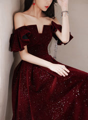 Wine Red Velvet Tea Length Party Dress Graduation Dress, Wine Red Prom Dress