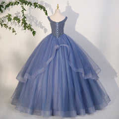 Charming Beaded Tulle Ball Gown Sweet 16 Gown, Blue Long Formal Dresses