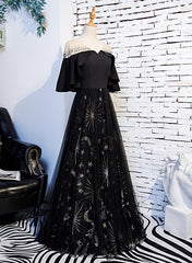 Black Tulle Beaded Long Party Dress, A-line Black Formal Dress Prom Dress
