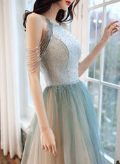 Shiny Light Green Tulle Long Halter Neckline Party Dress, A-line Gradient Prom Dress