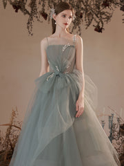 Gray green tulle long prom dress, gray green tulle formal dress
