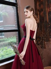 A-Line Burgundy Long Prom Dresses, Burgundy Formal Evening Dresses