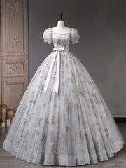 Gray A-Line Tulle Sequin Long Prom Dress, Gray Formal Evening Dresses