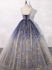A-Line Tulle Blue Long Prom Dress, Blue Tulle Long Evening Dresses