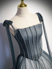 A-Line  Tulle Gray Long Prom Dress, Gray Formal Graduation Dress with Beading