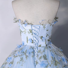 Blue Flowers Sweetheart Ball Gown Formal Dress, Blue Long Sweet 16 Dresses