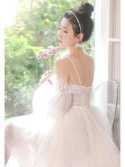 White Tulle Short Sleeves Homecoming Dress, White Party Dress Graduation Dresses