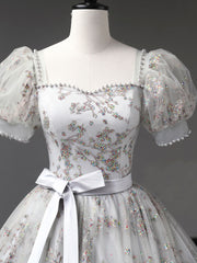 Gray A-Line Tulle Sequin Long Prom Dress, Gray Formal Evening Dresses