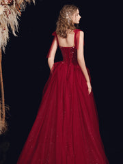 Burgundy Beaded Chic Long A-line Prom Dress, Burgundy Straps Evening Dress