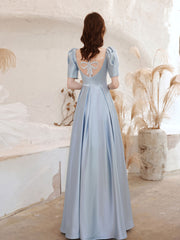 A-Line Square Neckline Satin Blue Long Prom Dress, Blue Evening Dresses