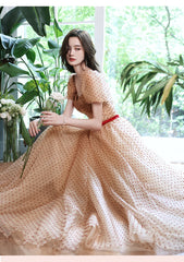 Champagne A line long prom dress sweetheart neck tulle formal evening dress