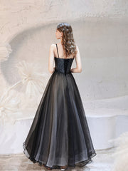 Black A-Line Tulle Long Prom Dress, Black Formal Evening Dresses
