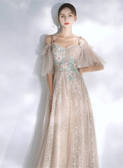 Light Champagne Sequins and Tulle A-line Prom Dress, Long Wedding Party Dress