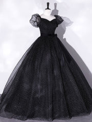 Black tulle long prom dress, black puff sleeves long sweet 16 dress
