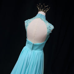 Blue Chiffon Lace and Beaded Cap Sleeves Prom Party Dress, A-line Chiffon Formal Dress